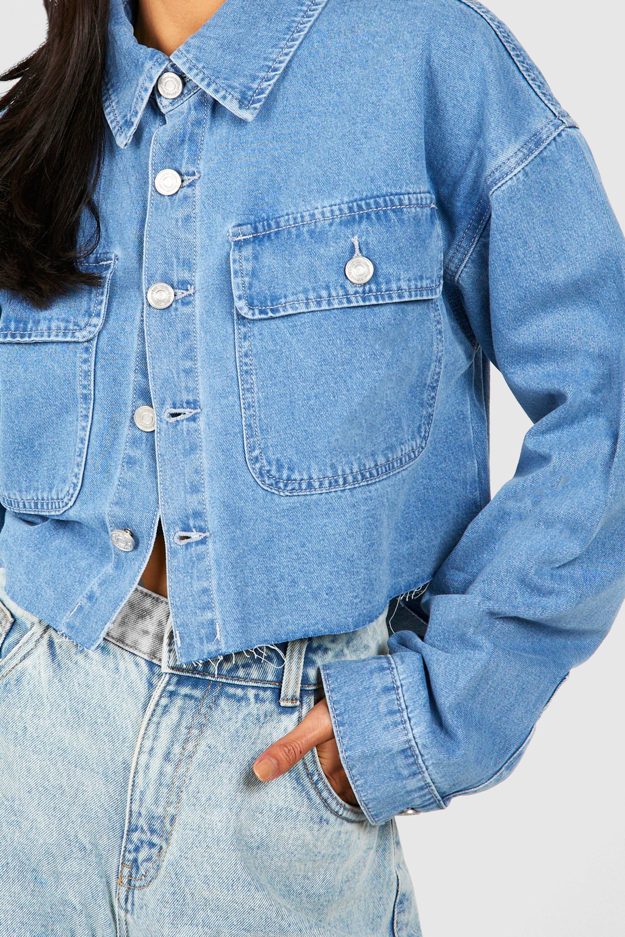 Raw Hem Curved Back Cropped Denim Shirt boohoo